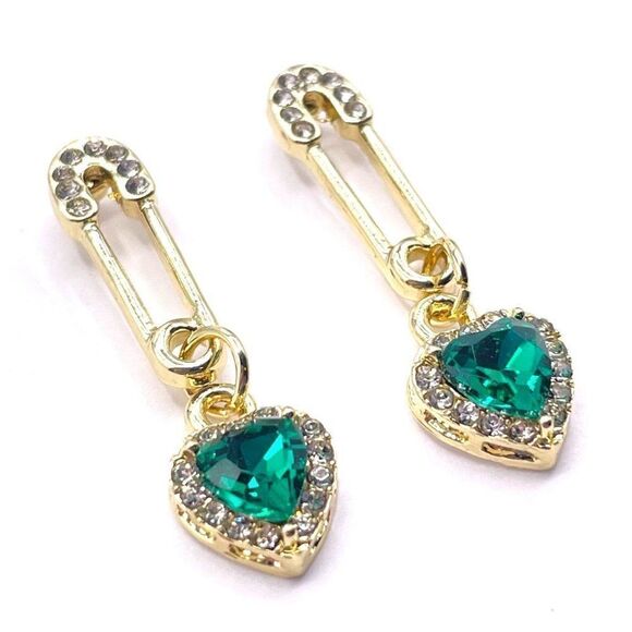 Yellow Gold with Green and White Crystal Safety Pin and Heart Post Back Earrings - Picture 3 of 7